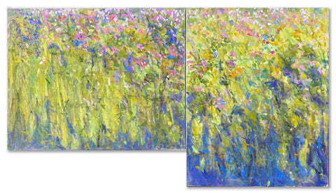 Oil painted canvas diptych of meadow in summer with wildflowers in pinks, blues and purples with green stems and grass by Priscilla Whitlock at Cottage Curator - Sperryville VA Art Gallery