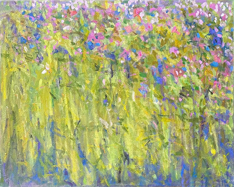 Left Panel of oil painted canvas diptych of meadow in summer with wildflowers in pinks, blues and purples with green stems and grass by Priscilla Whitlock at Cottage Curator - Sperryville VA Art Gallery