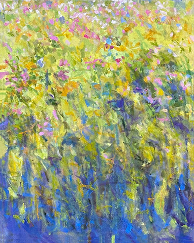 Right Panel of oil painted canvas diptych of meadow in summer with wildflowers in pinks, blues and purples with green stems and grass by Priscilla Whitlock at Cottage Curator - Sperryville VA Art Gallery