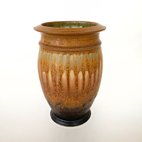 Stoneware vessel with wide brim around opening with rust, green, and black glazes by Richard Aerni - Cottage Curator - Sperryville VA Art Gallery
