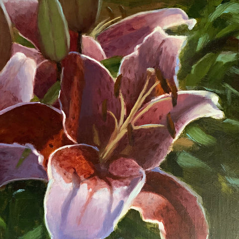 Detail of Oil painting of pink stargazer lilies blooming, growing in a garden row by Kathy Chumley at Cottage Curator - Sperryville VA Art Gallery