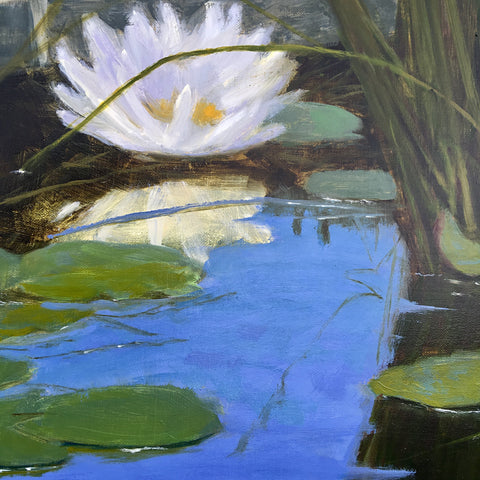 Detail of oil painting of waterlilies in a pond by Kathy Chumley at Cottage Curator art gallery Sperryville VA