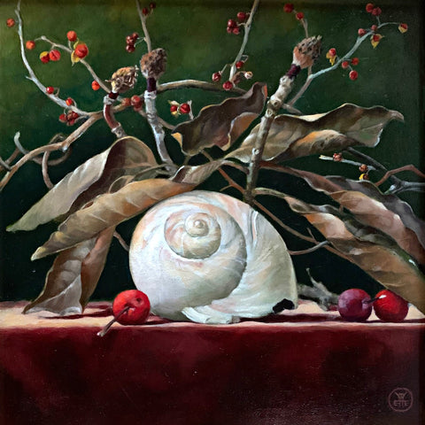 Still life oil painting of branches of magnolia leaves with a nautilus shell and crabapples on a red table cloth with a dark green background by Davette Leonard - Cottage Curator - Sperryville VA Art Gallery