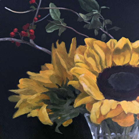 Detail of Still life painting with sunflowers in a vase on white tablecloth against a dark background with bittersweet vine and cherries by Davette Leonard at Cottage Curator - Sperryville VA Art Gallery