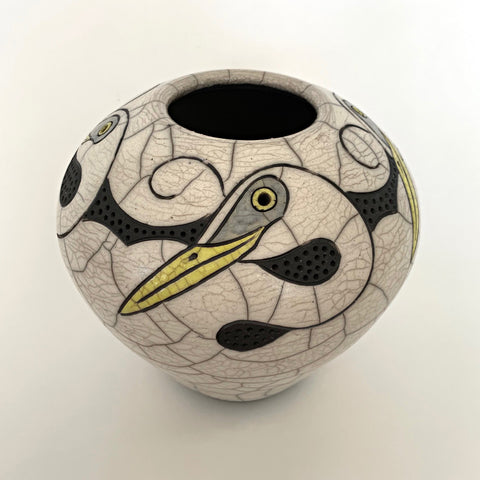 Wheel Thrown, carved, raku clay vessel in black, white and yellow with four egrets by Robin Rodgers at Cottage Curator - Sperryville VA Art Gallery