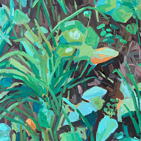 Detail of Oil painting of hostas and and grasses painted in bright greens with background of brown and details of orange by Krista Townsend at Cottage Curator - Sperryville VA Art Gallery