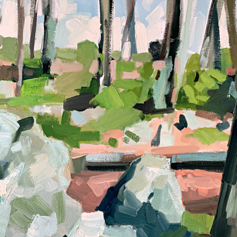 Detail of painting of lichen on rocks with trees in the background in a variety of green, pink and taupe shades by Krista Townsend at Cottage Curator - Sperryville VA Art Gallery