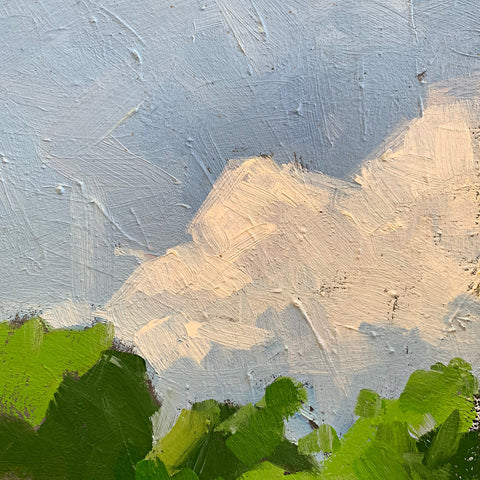 Detail of sky with clouds over green trees in painting by Krista Townsend at Cottage Curator - Sperryville VA Art Gallery