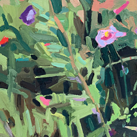 Detail of Oil painting in abstract, gestural brushstrokes of wildflowers in a mountain landscape titled Ragged Mountain by Krista Townsend at Cottage Curator - Sperryville VA Art Gallery