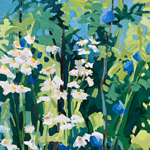 Detail of Oil painting of white wildflowers with yellow centers against greenery and shrubs with a view of blue mountains in the distance by Krista Townsend at Cottage Curator - Sperryville VA Art Gallery