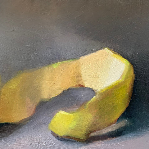 Detail of peel in Still life painting of partially peeled golden apple on a gray background by Nancy Van Meter at Cottage Curator - Sperryville VA Art Gallery
