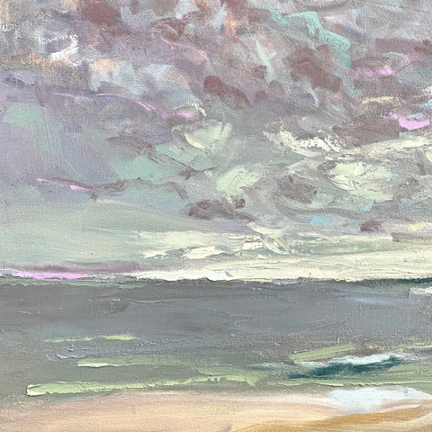 Detail of Painting of sea waves with a distant storm in the background by Priscilla Long Whitlock at Cottage Curator - Sperryville VA Art Gallery