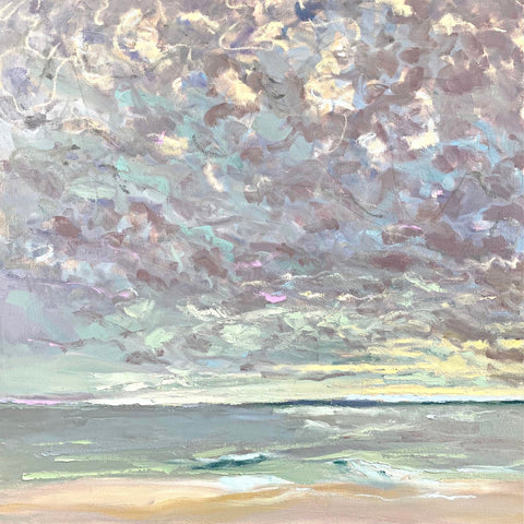 Painting of sea waves with a distant storm in the background by Priscilla Long Whitlock at Cottage Curator - Sperryville VA Art Gallery