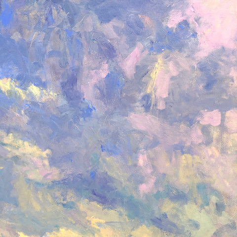 Detail of sky from oil painting in purples, blues, yellows and pinks by Priscilla Long Whitlock at Cottage Curator, Sperryville VA Art Gallery