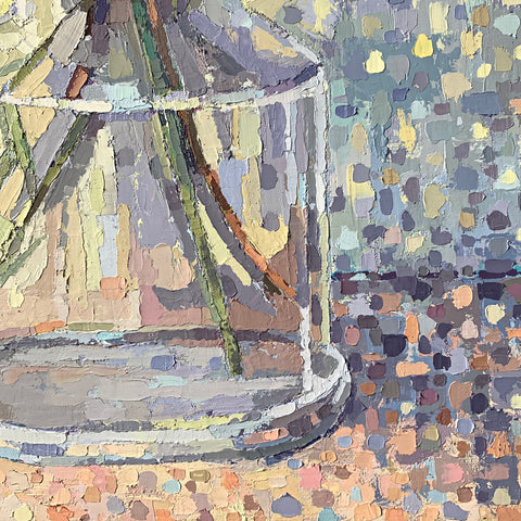 Detail of vase and background in Still life painting of flowers in glass pitcher with abstract background in pastels and neutrals by Joan Wiberg at Cottage Curator - Sperryville VA Art Gallery