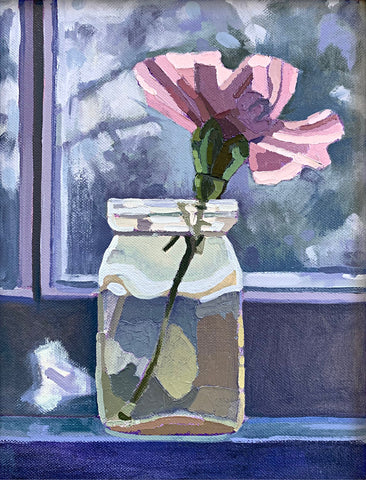Painting of a pink carnation in a glass vase with gestural brush strokes in front of a window by Joan Wiberg at Cottage Curator - Sperryville VA Art Gallery