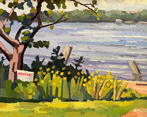 Impressionist landscape painting of golden rods along the water with a tree to the left side, by Joan Wiberg, at Cottage Curator - Sperryville VA Art Gallery