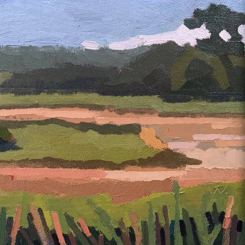 Detail of Abstracted landscape painting of marsh morning in greens with blue sky in background by Joan Wiberg at Cottage Curator - Sperryville VA Art Gallery