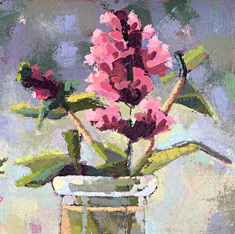 Detail of still life painting of vases of pink flowers on window sill in summer sunlight by Joan Wiberg at Cottage Curator - Sperryville VA Art Gallery