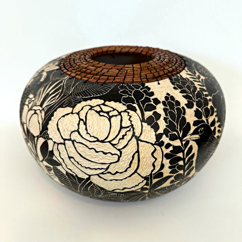Black and white terra sigillata and sgraffito basket with pine needles edge feat. mourning doves, butterflies, lotuses and other plants by Carolyn Blazeck at Cottage Curator - Sperryville VA Art Gallery