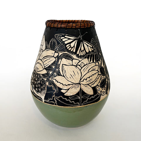 Black and white ceramic vessel with pine needle rim and green glazed base featuring a sgraffito scene of plants, frogs and butterflies by Carolyn Blazeck at Cottage Curator - Sperryville VA Art Gallery