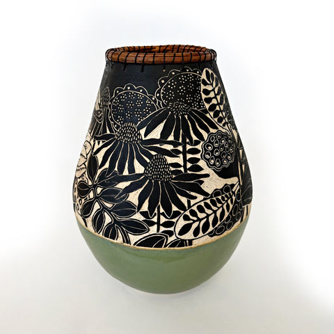 Black and white ceramic vessel with pine needle rim and green glazed base featuring a sgraffito scene of plants, frogs and butterflies by Carolyn Blazeck at Cottage Curator - Sperryville VA Art Gallery