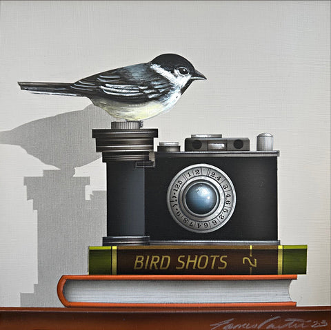 Trompe-l'œil painting of a chickadee sitting on a camera atop a pile of book, one that is titled "Bird Shots" against a white background by James Carter - Cottage Curator - Sperryville VA Art Gallery