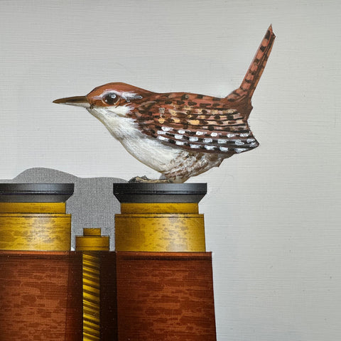 Detail of Photorealistic acrylic painting of a winter wren sitting atop a part of binoculars, against a white background by James Carter - Cottage Curator - Sperryville VA Art Gallery
