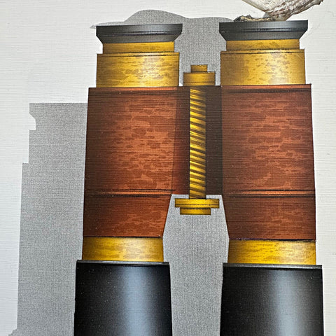 Detail of Photorealistic acrylic painting of a winter wren sitting atop a part of binoculars, against a white background by James Carter - Cottage Curator - Sperryville VA Art Gallery
