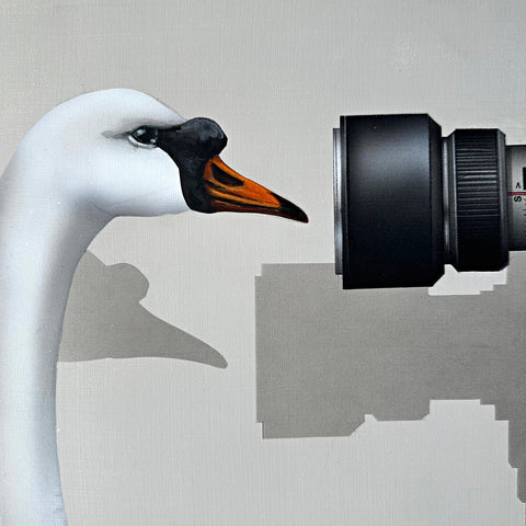 Detail with mute swan looking through a camera lens on a neutral background - painting by James Carter at Nature's Studio