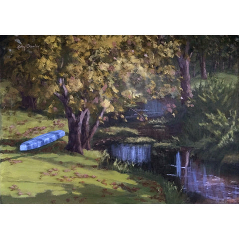 Landscape painting of creek with trees and a blue boat overturned near the edge of the water by Kathy Chumley at Cottage Curator - Sperryville, VA art gallery