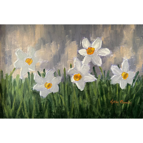 Painting of daffodils growing in the grass in front of a gray blue background by Kathy Chumley at Cottage Curator - Sperryville VA Art Gallery