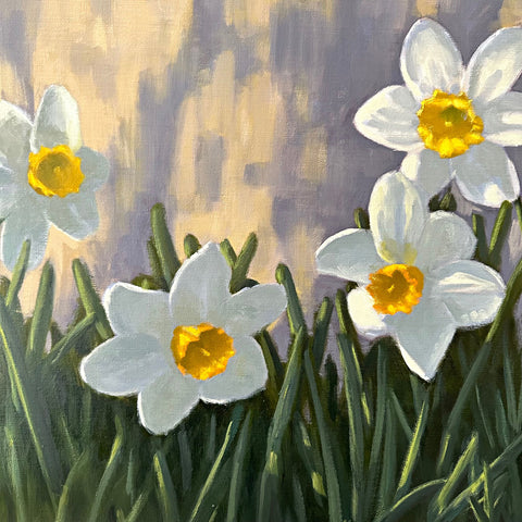 Detail of painting of daffodils growing in the grass in front of a gray blue background by Kathy Chumley at Cottage Curator - Sperryville VA Art Gallery