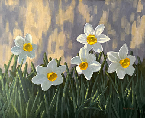 Painting of daffodils growing in the grass in front of a gray blue background by Kathy Chumley at Cottage Curator - Sperryville VA Art Gallery