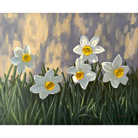Painting of daffodils growing in the grass in front of a gray blue background by Kathy Chumley at Cottage Curator - Sperryville VA Art Gallery
