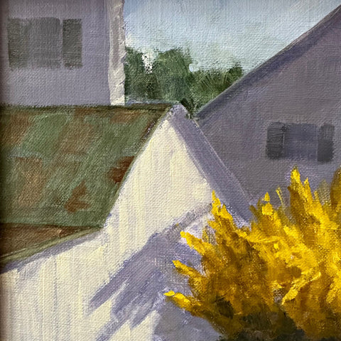 Detail of painting of a large yellow forsythis bush beside a farmhouse by Kathy Chumley - Cottage Curator - Sperryville VA Art Gallery