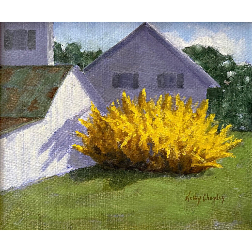 Oil painting of a large yellow forsythis bush beside a farmhouse by Kathy Chumley - Cottage Curator - Sperryville VA Art Gallery