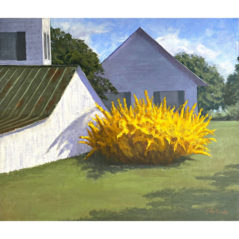 Painting of a large yellow forsythis bush beside a farmhouse by Kathy Chumley - Cottage Curator - Sperryville VA Art Gallery