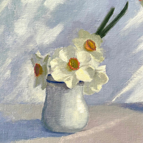 Detail of still life painting with two vases of jonquils in yellow, orange and white and a teacup in blues and whites by Kathy Chumley at Cottage Curator - Sperryville VA Art Gallery