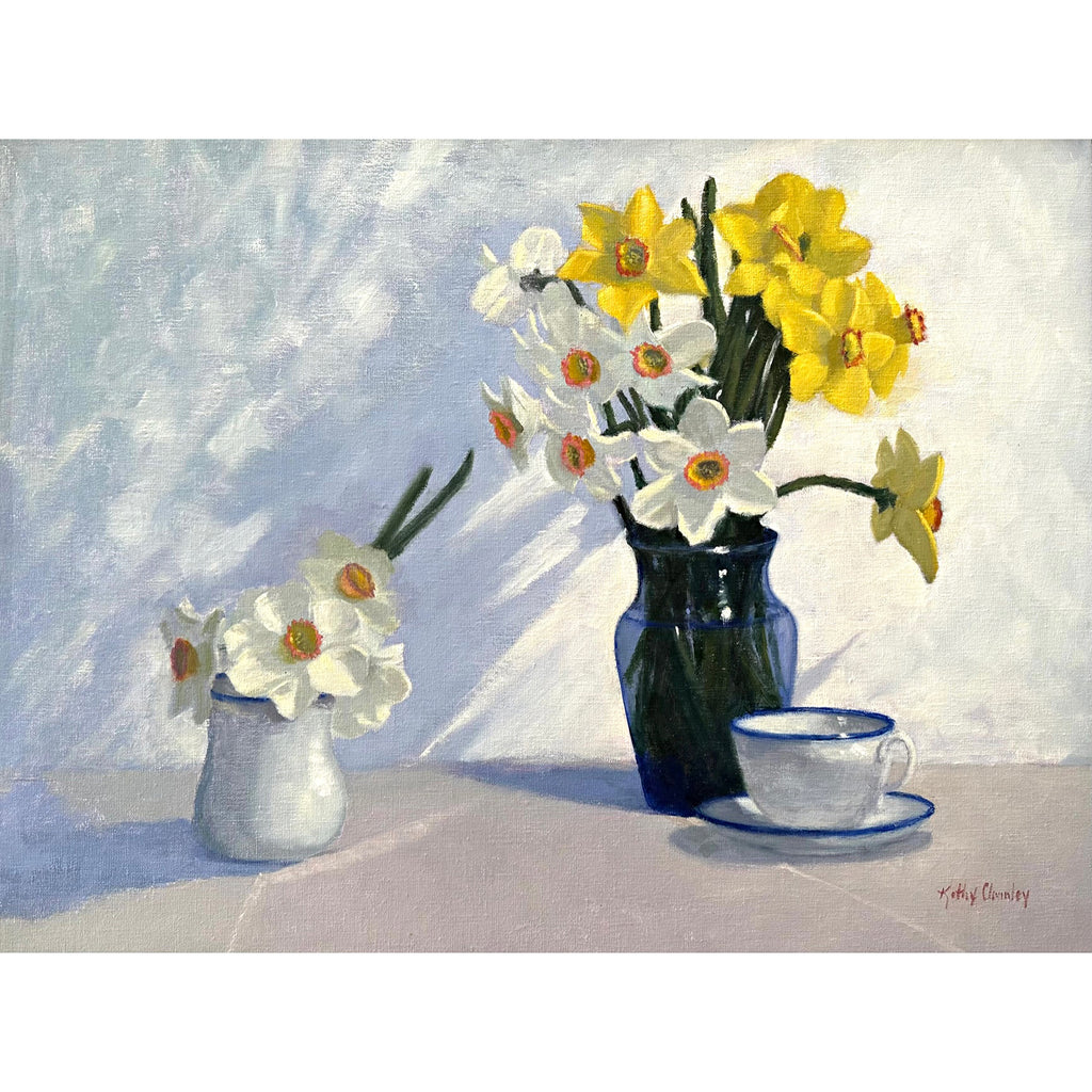 Still life painting with two vases of jonquils in yellow, orange and white and a teacup in blues and whites by Kathy Chumley at Cottage Curator - Sperryville VA Art Gallery