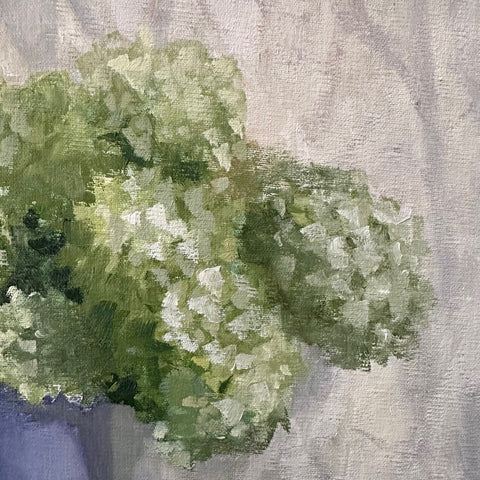 Detail of Still life painting of a blue vase of limelight green hydrangeas against a white cloth background by Kathy Chumley - Cottage Curator - Sperryville VA Art Gallery