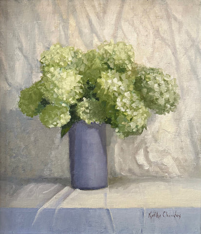 Still life painting of a blue vase of limelight green hydrangeas against a white cloth background by Kathy Chumley - Cottage Curator - Sperryville VA Art Gallery