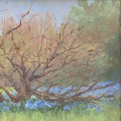 Detail of Oil painting of landscape with budding tree and blue wildflowers in the foreground with forest behind by Kathy Chumley at Cottage Curator - Sperryville VA Art Gallery