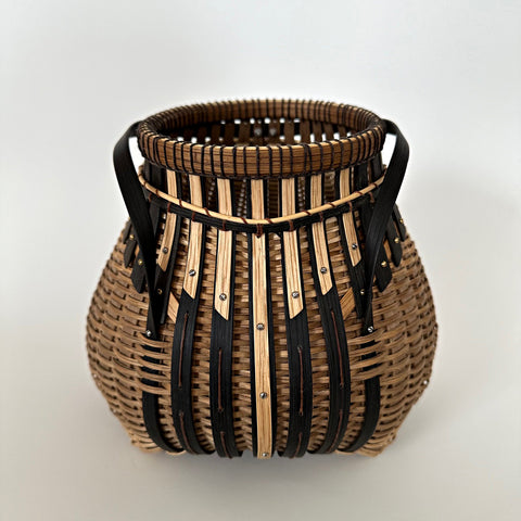 Basket woven with white oak in natural and black with two handles by Leon Niehues - Cottage Curator - Sperryville VA Art Gallery