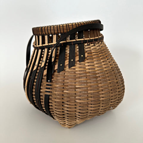 Basket woven with white oak in natural and black with two handles by Leon Niehues - Cottage Curator - Sperryville VA Art Gallery