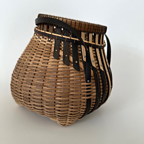 Basket woven with white oak in natural and black with two handles by Leon Niehues - Cottage Curator - Sperryville VA Art Gallery