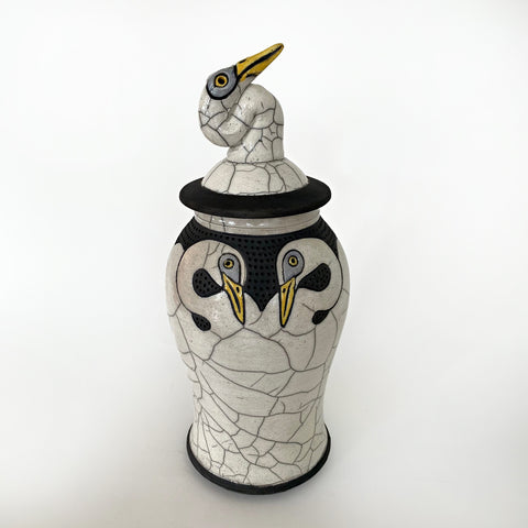 Raku black, white, gray and yellow stoneware vessel with egrets and lid in the shape of an egret by Robin Rodgers at Cottage Curator - Sperryville VA Art Gallery