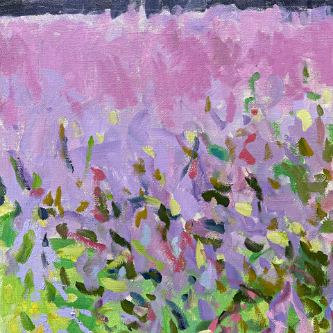 Detail of Impressionist painting of a field of sage pink wildflowers on a linen background by Priscilla Whitlock at Cottage Curator - Sperryville VA Art Gallery