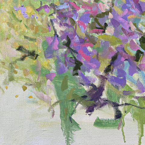 Detail of Impressionist painting of a field of sage pink wildflowers on a linen background by Priscilla Whitlock at Cottage Curator - Sperryville VA Art Gallery