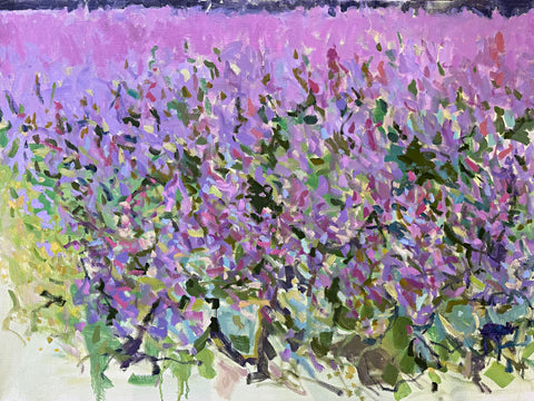 Impressionist painting of a field of sage pink wildflowers on a linen background by Priscilla Whitlock at Cottage Curator - Sperryville VA Art Gallery
